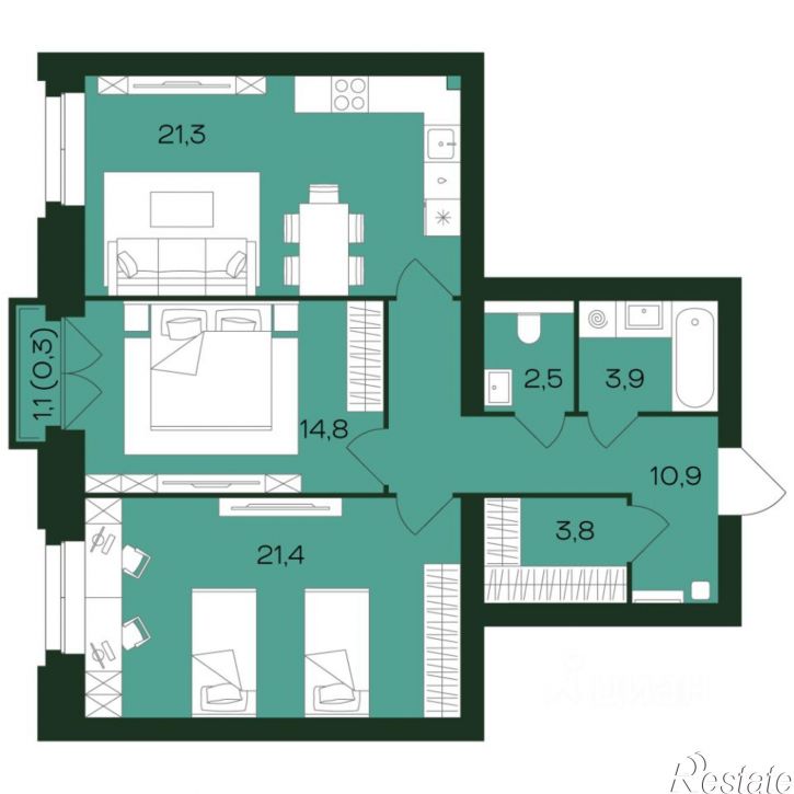 2-комн квартира в новом доме