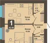 1-комн, 42 кв м, этаж 1/8 улица И.П. Прокопьева