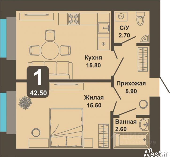 1-комн квартира в новом доме улица И.П. Прокопьева