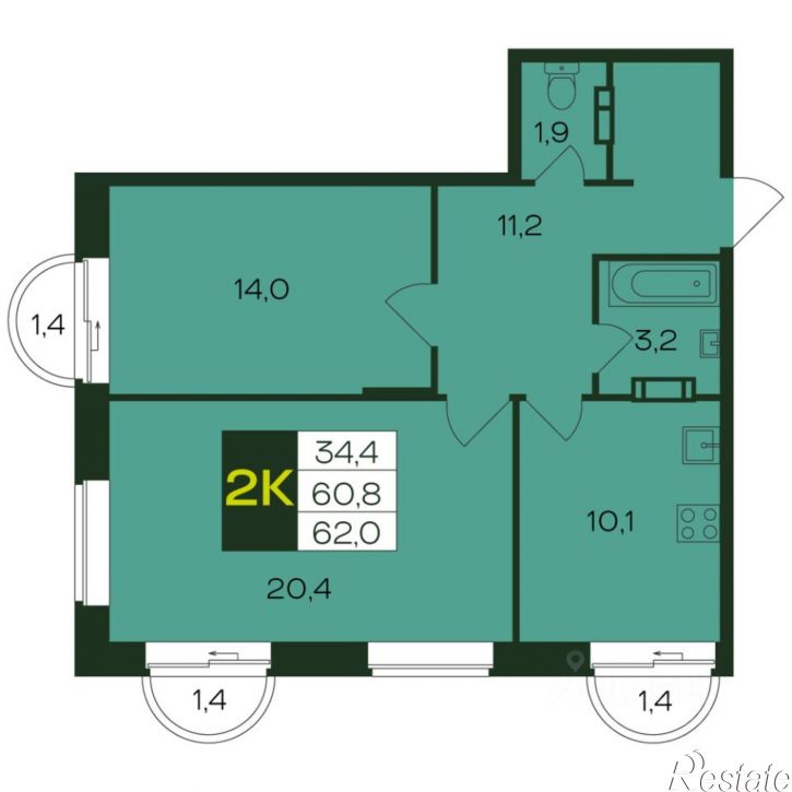 2-комн квартира в новом доме